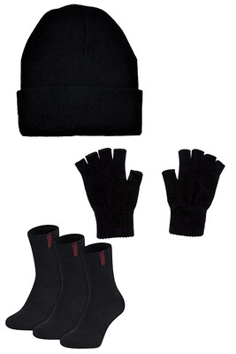 Çekmece 5 Parça Örme Bere Kesik Eldiven ve Çorap Set Siyah