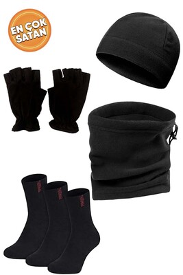 Çekmece 6 Parça Polar Bere Boyunluk Kesik Eldiven ve Çorap Set Siyah