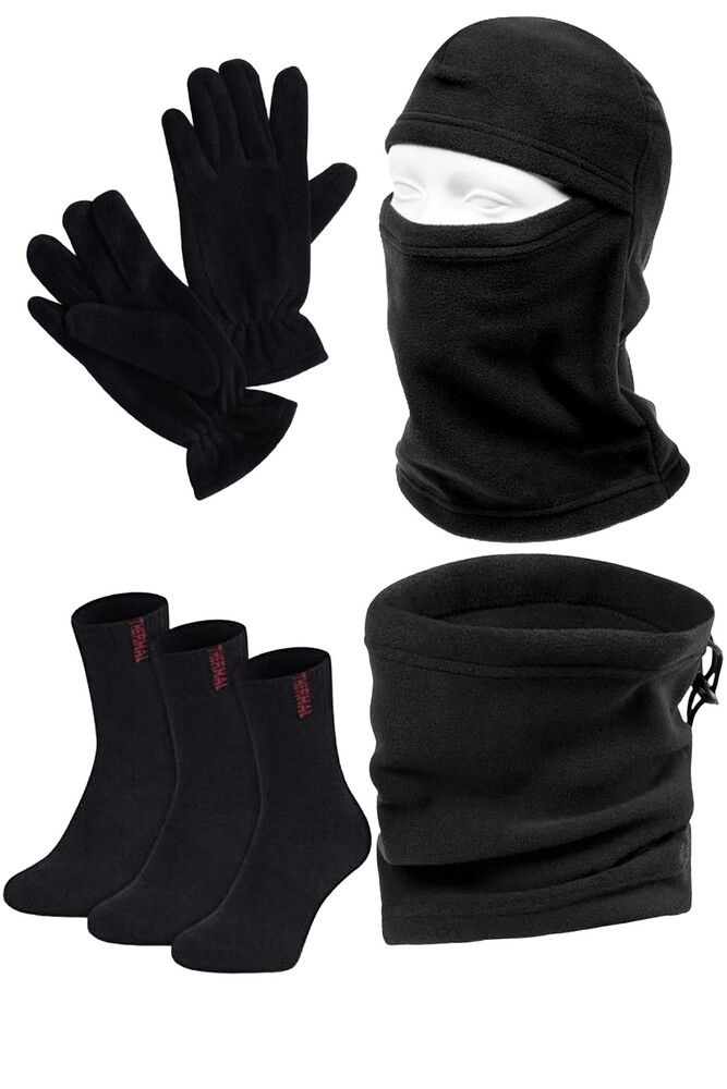 Çekmece 6 Parça Polar Boyunluk Eldiven Karmaskesi ve Çorap Set Siyah - 2