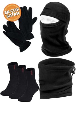 Çekmece 6 Parça Polar Boyunluk Eldiven Karmaskesi ve Çorap Set Siyah