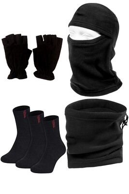 Çekmece 6 Parça Polar Boyunluk Kesik Eldiven Kar Maskesi ve Çorap Set Siyah