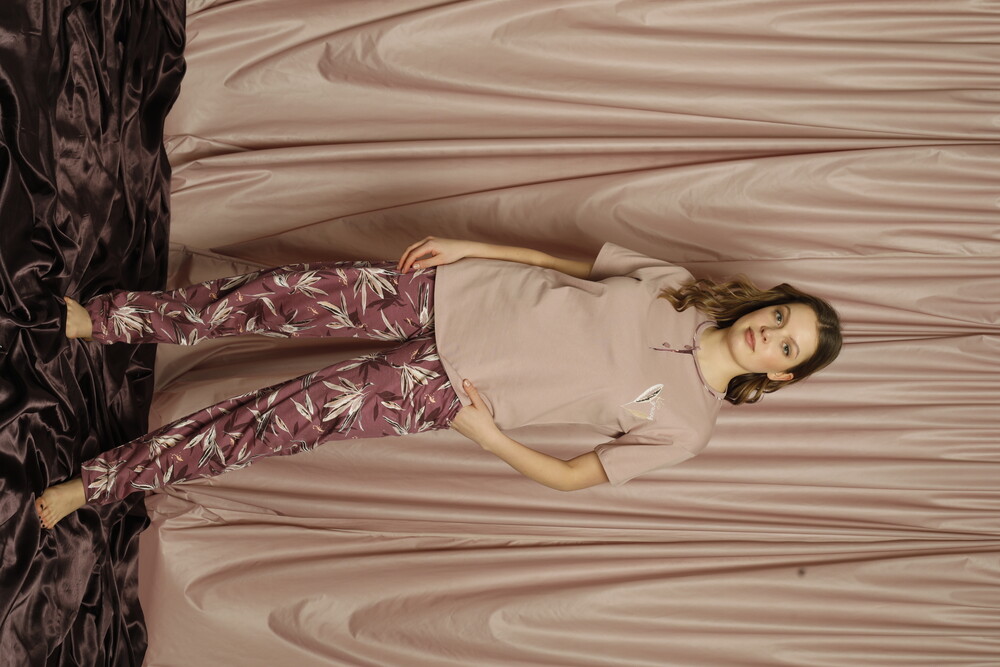 Çekmece Kadın Desenli Pijama Takımı Pembe - 1