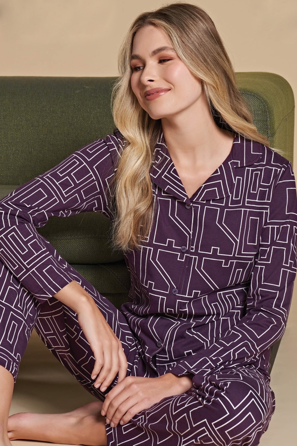 Over Sleep  1416 Kadın Önden Düğmeli Pijama Takımı Mor - 1