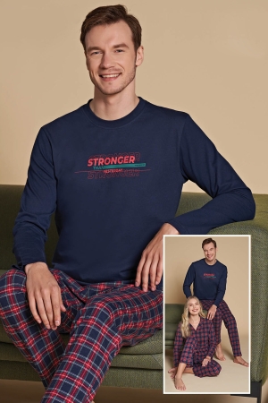 Over Sleep  1512 Erkek Uzun Kollu Pijama Takımı Lacivert-Kırmızı - 1