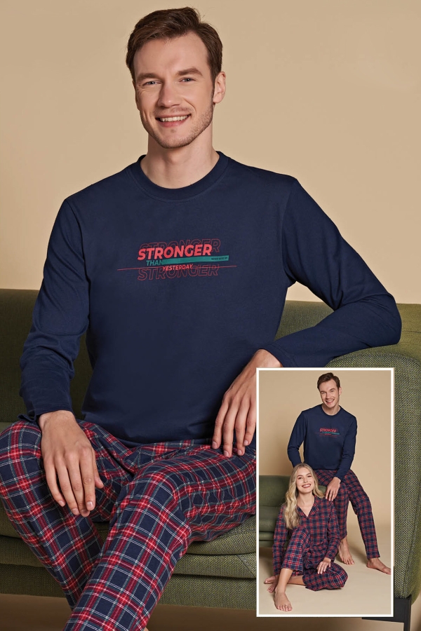 Over Sleep  1512 Erkek Uzun Kollu Pijama Takımı Lacivert-Kırmızı - 1