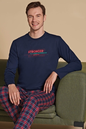 Over Sleep  1512 Erkek Uzun Kollu Pijama Takımı Lacivert-Kırmızı - 3