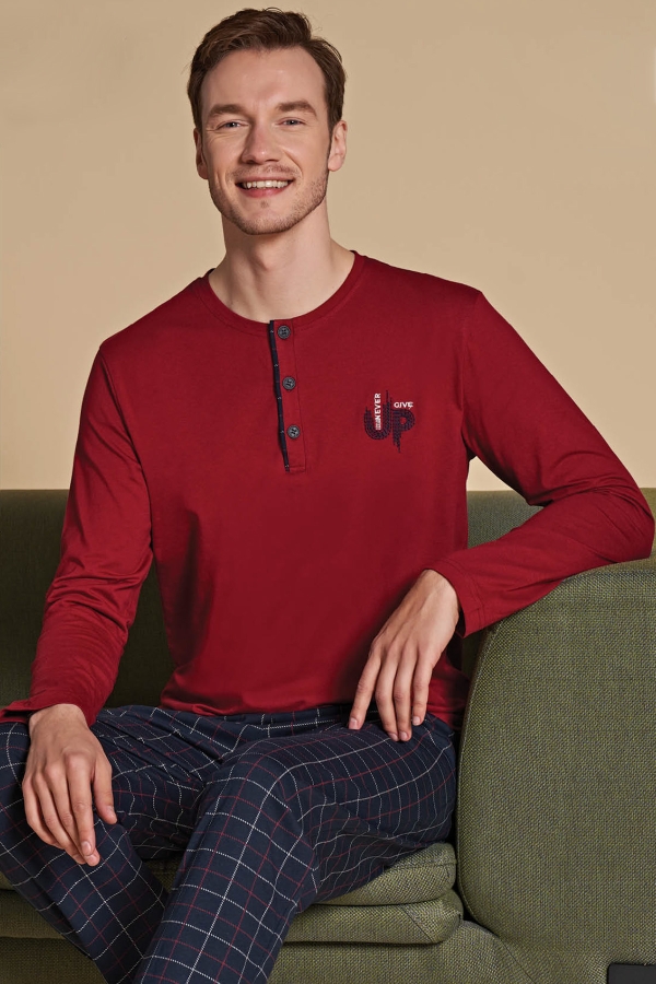 Over Sleep  1513 Erkek Uzun Kollu Pijama Takımı Kırmızı-Lacivert - 2
