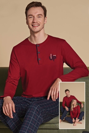 Over Sleep  1513 Erkek Uzun Kollu Pijama Takımı Kırmızı-Lacivert - 1
