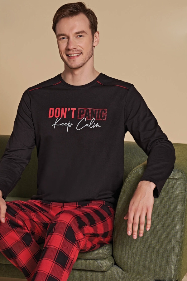 Over Sleep 1527 Erkek Uzun Kollu Pijama Takımı Kırmızı-Siyah - 2