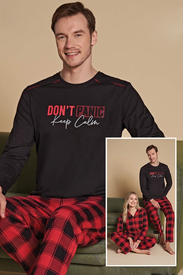 Over Sleep 1527 Erkek Uzun Kollu Pijama Takımı Kırmızı-Siyah - 1