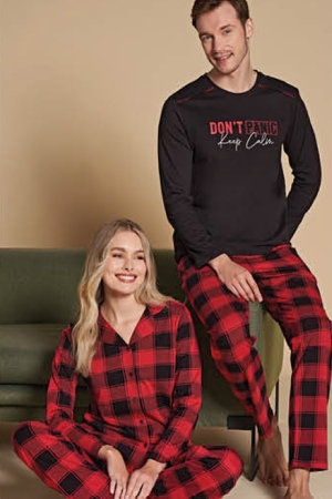 Over Sleep 1527 Erkek Uzun Kollu Pijama Takımı Kırmızı-Siyah - 3